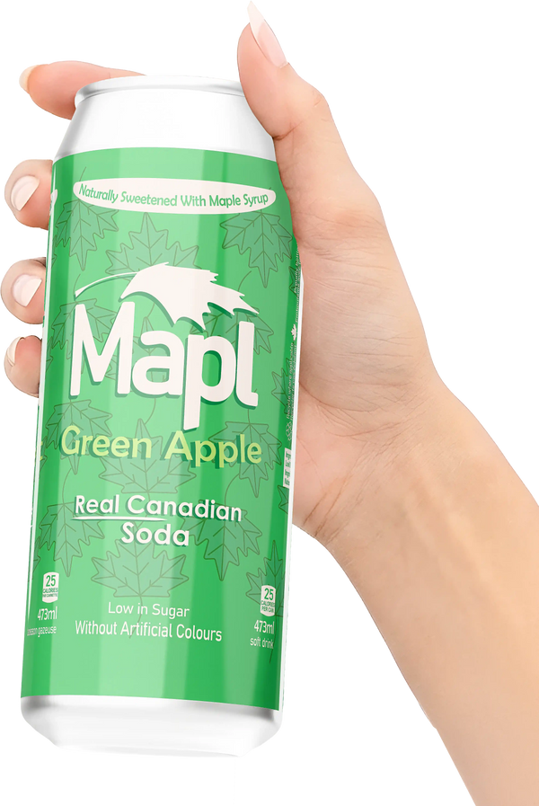 Hand holding a can of Mapl Green Apple soda with a green label.