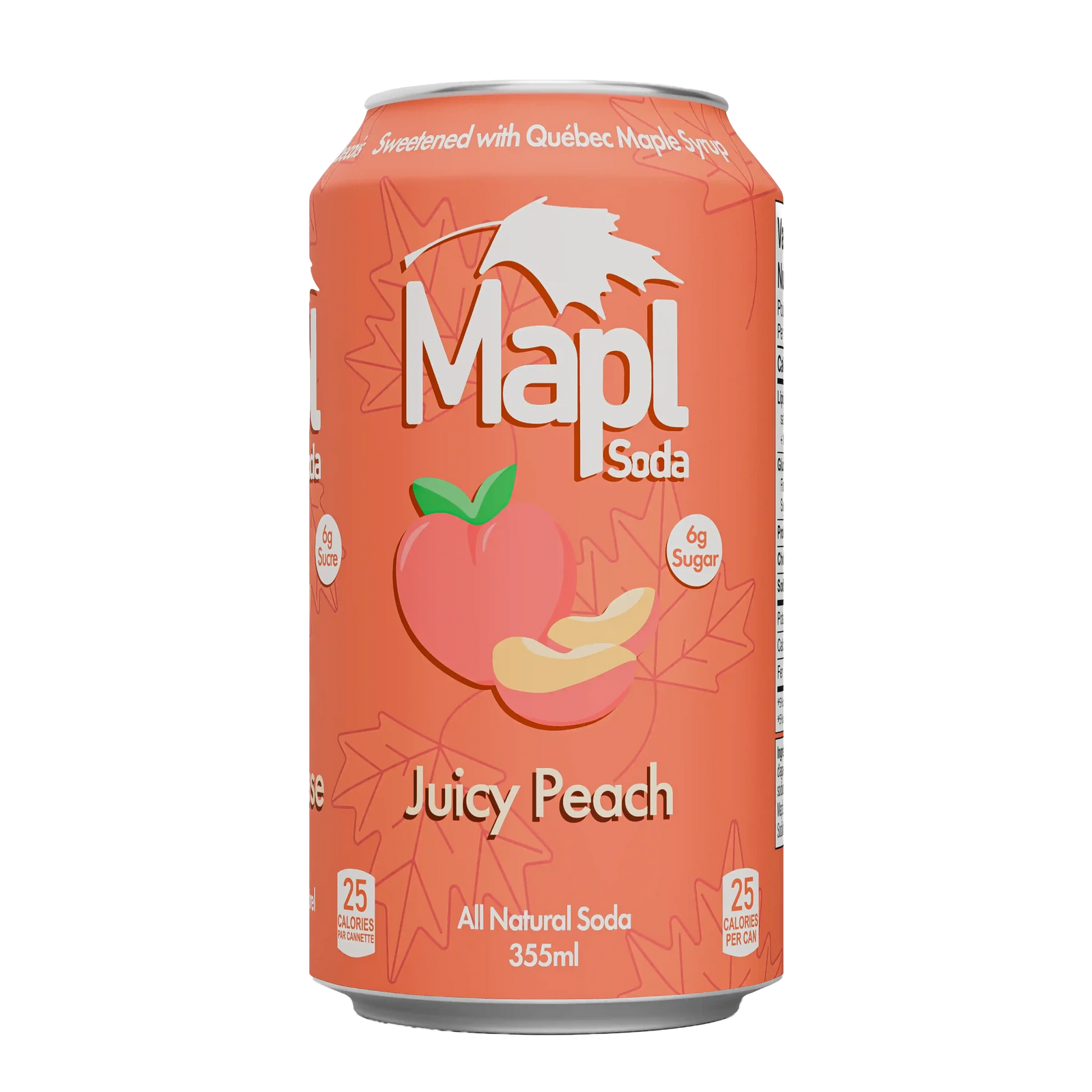 Mapl Juicy Peach 355 mL can on a light cream background