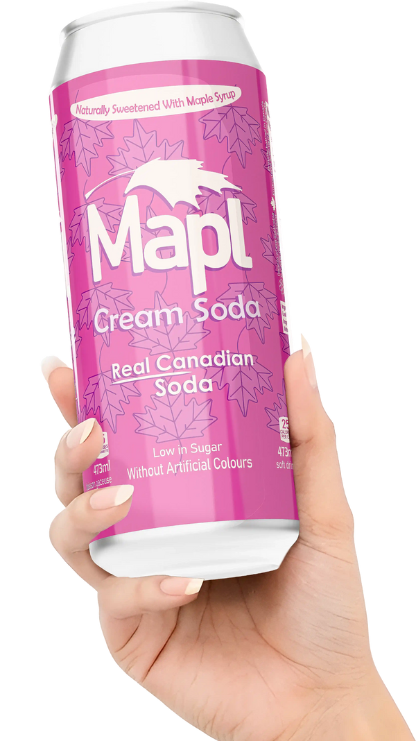 Hand holding a pink can of Mapl Cream Soda