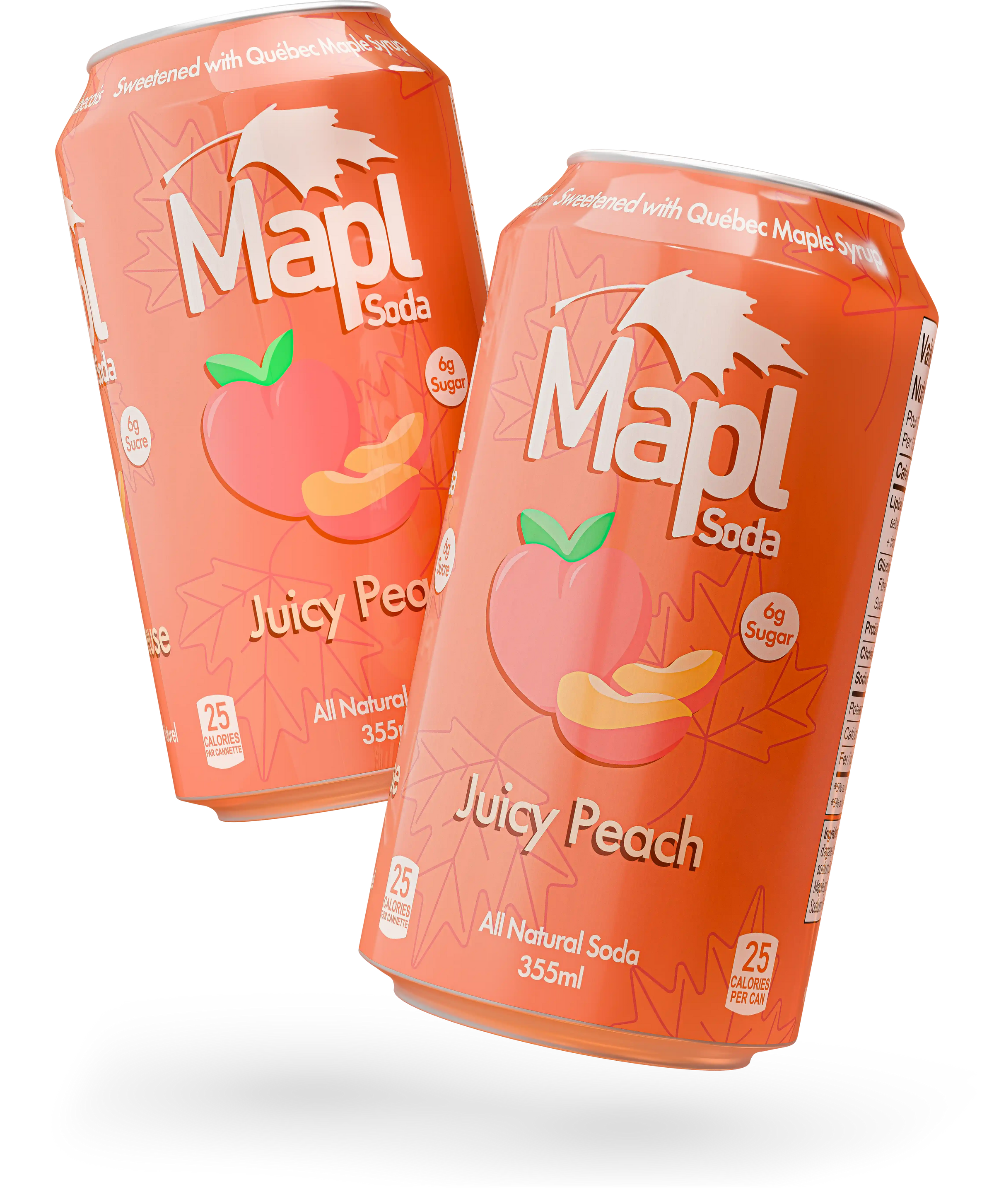 Two Mapl Juicy Peach cans floating side by side