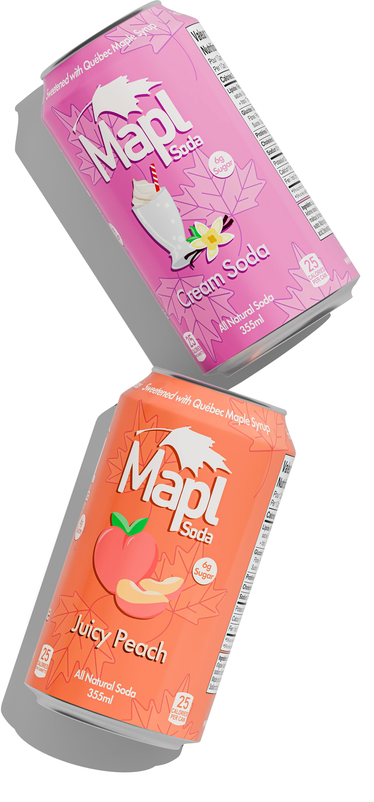 Mapl Cream Soda and Juicy Peach cans floating diagonally